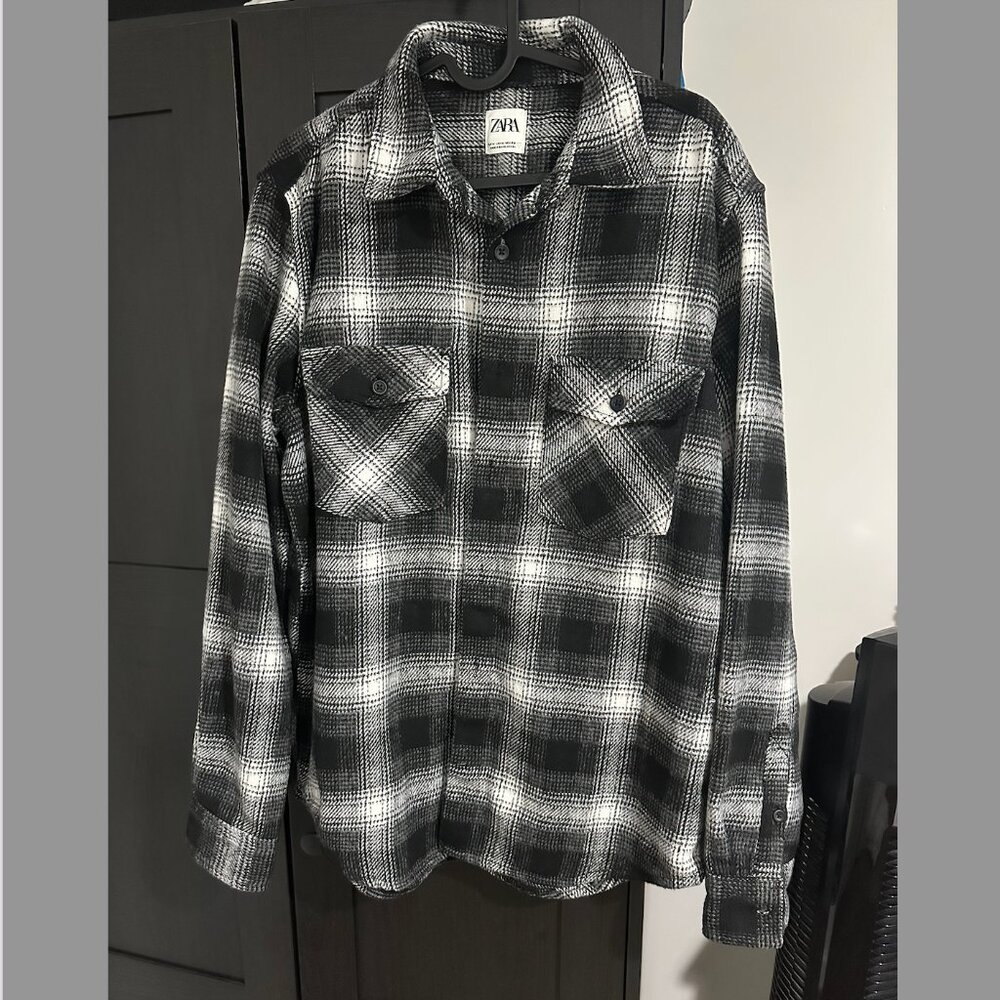 ZARA MAN CHECKERED PLAID KNIT JACKET SHACKET BLACK WHITE MEDIUM M 7036/300 NWOT